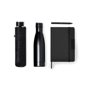 Gift set con ombrello, borraccia, taccuino e penna ecologica GREGORY MKT20238 - Nero