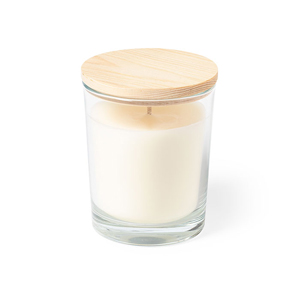 Candela aroma vaniglia in vetro e legno BAYAR MKT2703 - Bianco