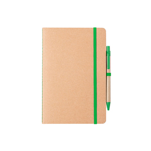 Taccuino con elastico con copertina in carta riciclata e penna in cartone riciclato in formato A5 ESTEKA MKT6837 - Verde