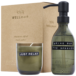 Set di dispenser di sapone per le mani da 200 ml e candela profumata da 150 g con fragranza ambra scura Wellmark Discovery PF126311 - Verde Foresta 