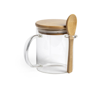 Tazza vetro borosilicato personalizzabile con cucchiaino e coperchio in legno 420 ml KIPAL MKT6481